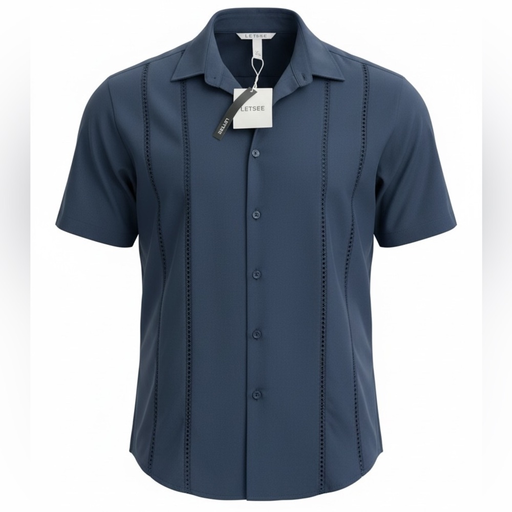 🆕 LETSEE Men's Cuban Guayabera Shirt Short Sleeve Casual Button Down M